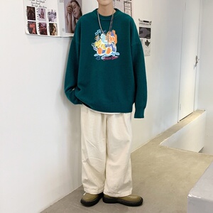 MD2704P55印花毛衣男秋季潮牌ins宽松慵懒高领针织衫潮流圆领线衣图片