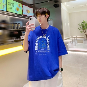 T3579已爆 男港风T恤落肩款宽松T恤克莱因蓝T圆领卡通印花T恤图片