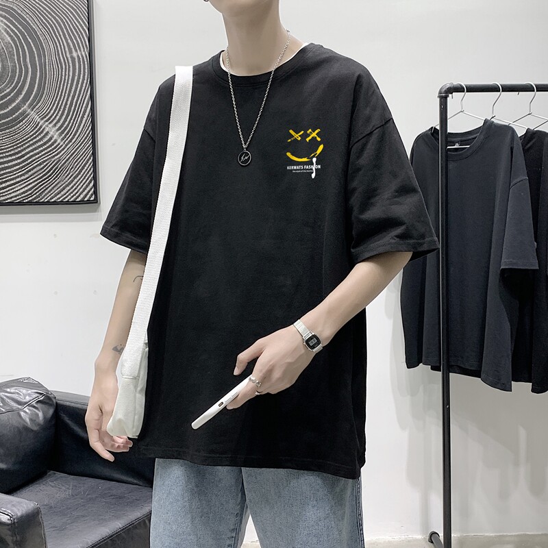 T1629P25港风室内笑脸印花圆领T恤男加大加肥港风模特宽松T恤,男装T恤,星座510A-1