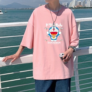 T3464P25男港风T恤落肩款宽松T恤克莱因蓝T圆领日系卡通印花T恤图片