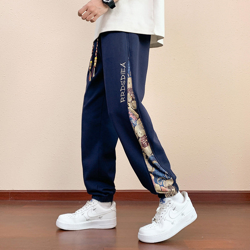K7929P32时尚宽松束脚运动裤小熊拼接绣花卫裤男生休闲裤裤子男,男装休闲裤,星座510A-1