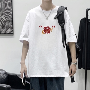 T1707P25港风100%棉2022新款短袖T恤男印花青春休闲