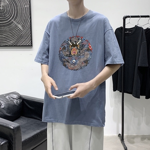 T1545P25港风英伦印花圆领T恤男加大加肥港风模特男士宽松T恤图片