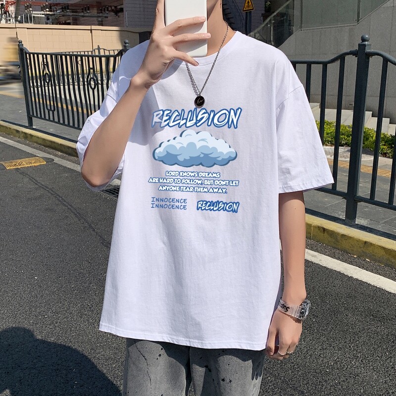 T3354男港风T恤仓库一件起正常配送中落肩款宽松T恤克莱因蓝T图片