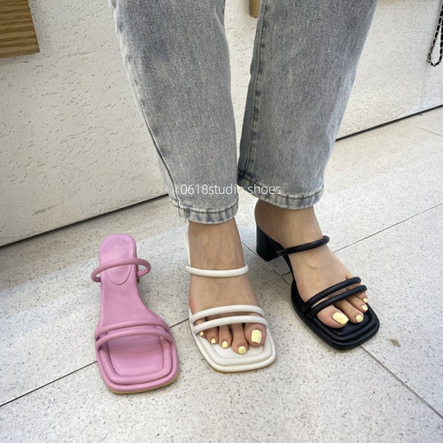 方头一字拖女粗跟高级感凉拖鞋