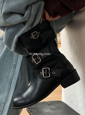 0618studio 2024年秋季新款圆头套筒皮带扣骑士学院复古短靴女