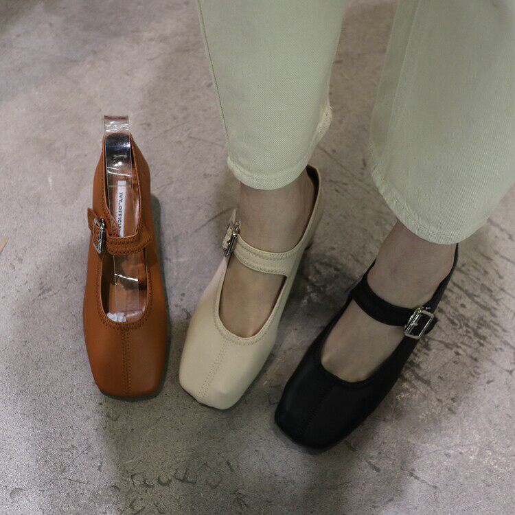 0618studio复古风方头玛丽珍鞋女一字扣带粗跟浅口单鞋芭蕾舞鞋
