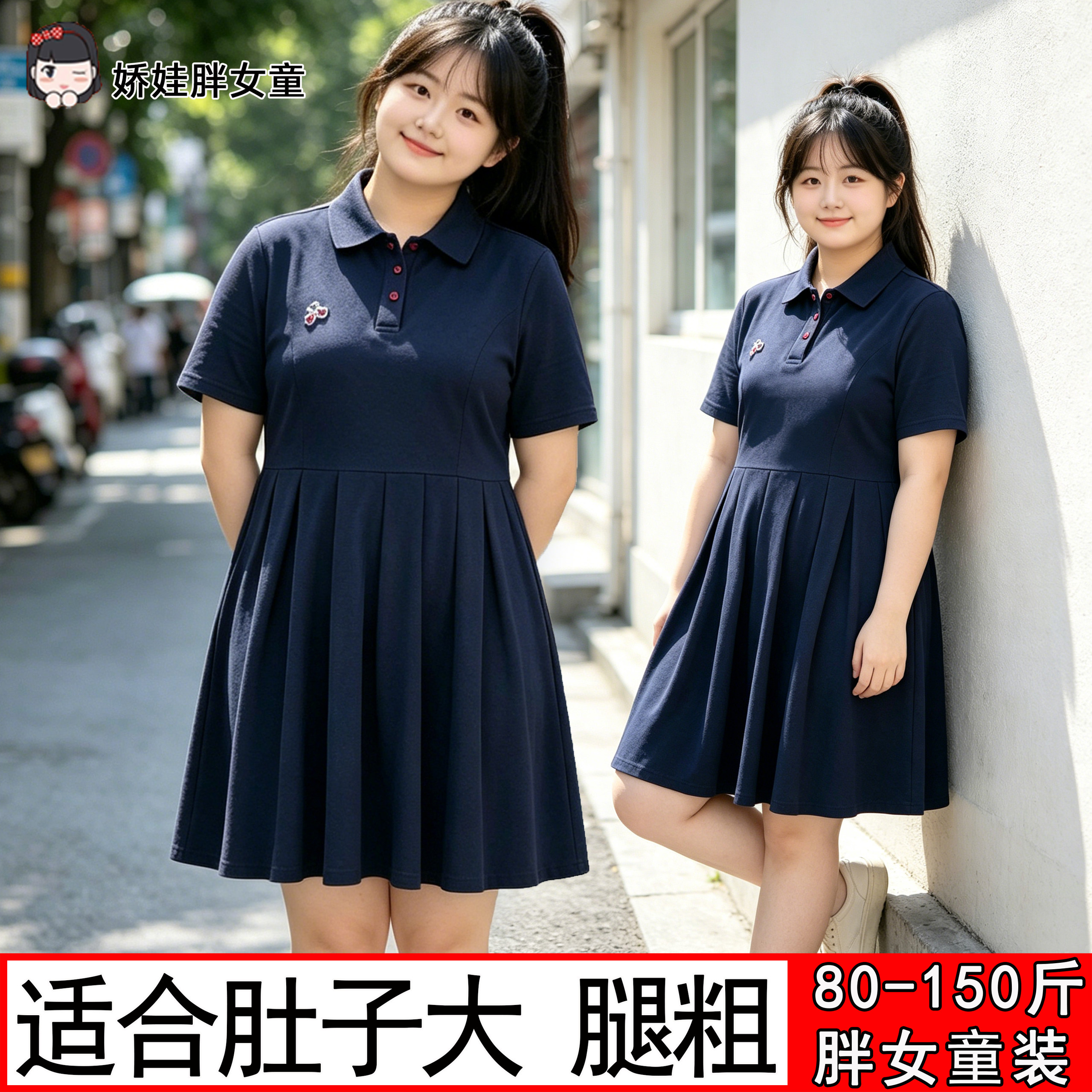 胖女童学院风翻领连衣裙女大童夏季短袖宽松显瘦藏蓝色POLO裙加大