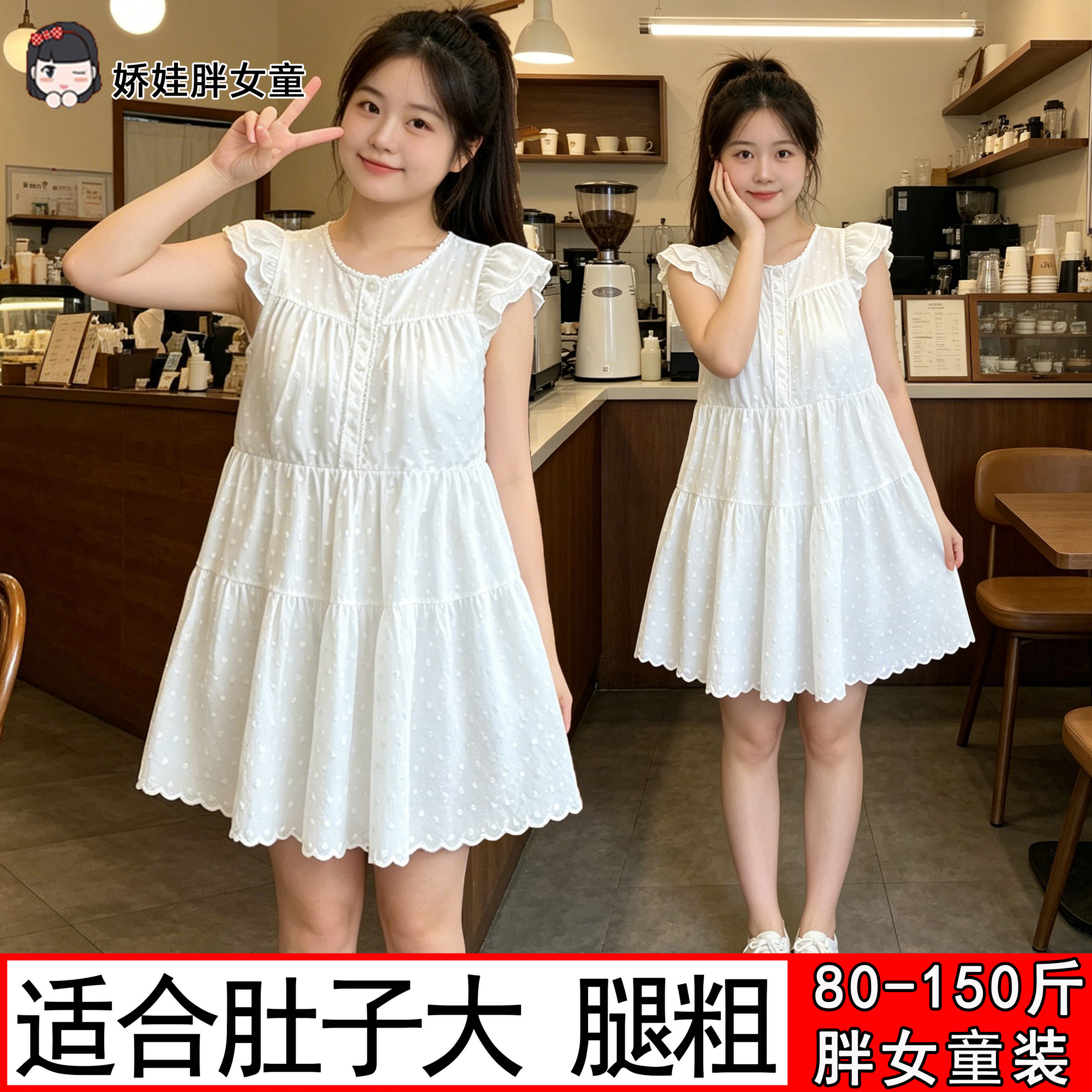 胖女童甜美可爱风白色棉布小飞袖连衣裙女大童夏季韩版宽松蛋糕裙