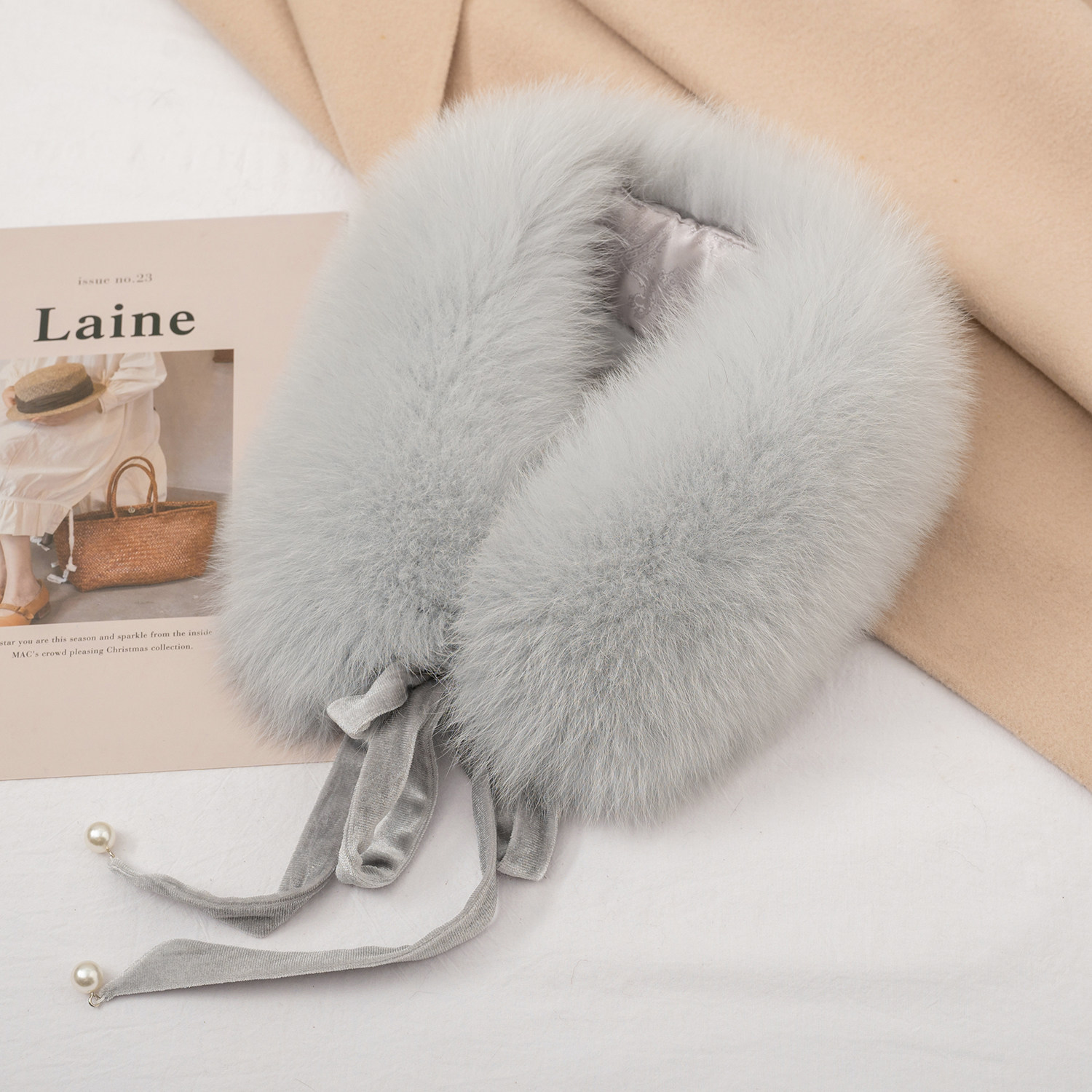 新中式真狐狸毛围脖女秋冬季领子皮草围巾灰色新款丝绒毛绒毛领