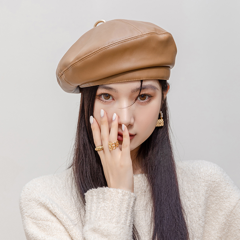 小羊皮气质真皮贝雷帽女式秋冬空姐礼帽英伦复古皮帽子百搭画家帽