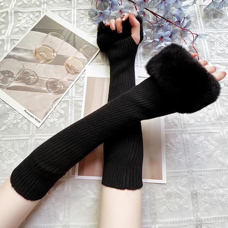 时尚复古风獭兔毛针织皮草手套女冬季手臂套露指长款半指手套保暖