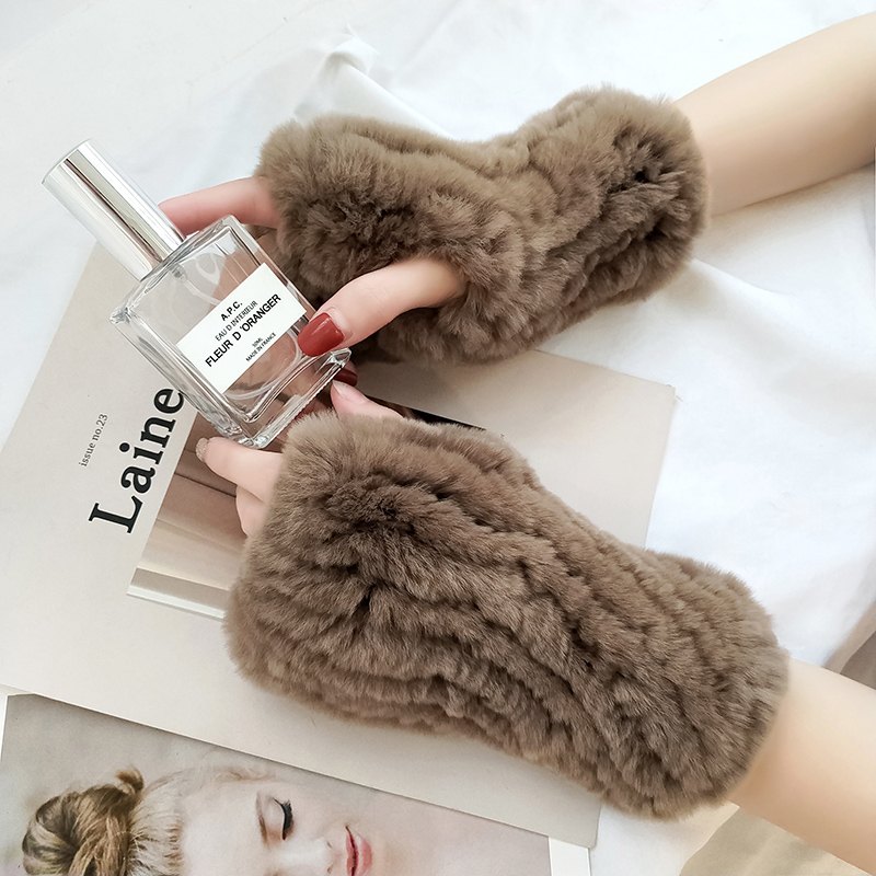 半截半指皮草手套冬季女獭兔毛露指保暖加厚无指毛绒袖筒可爱冬天
