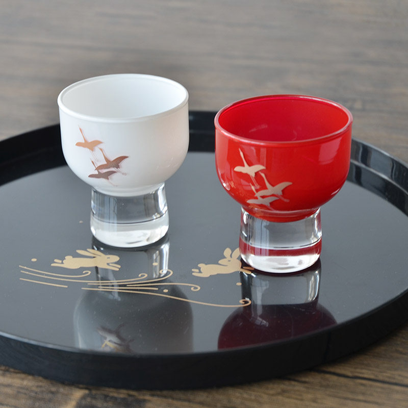 日本纪州中西手工漆器艺莳绘千羽鹤红白玻璃对杯清酒长辈结婚礼物