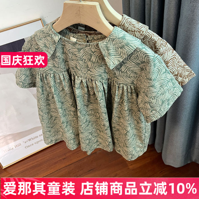 6321女童短袖上衣夏季薄款棉麻娃娃衫衬衫110-150cm