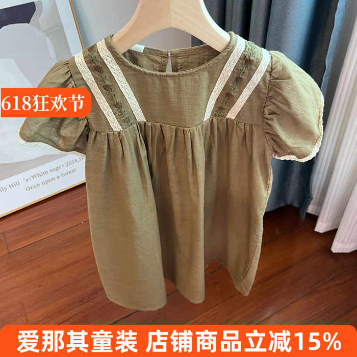 6114女童短袖连衣裙夏季薄款棉麻裙子110-150cm