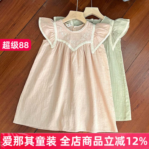 6114女童短袖连衣裙夏季棉麻裙子110-150cm
