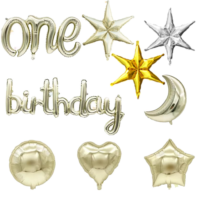 韩风白金色月亮五星六角星爱心连体one birthday生日派对铝膜气球