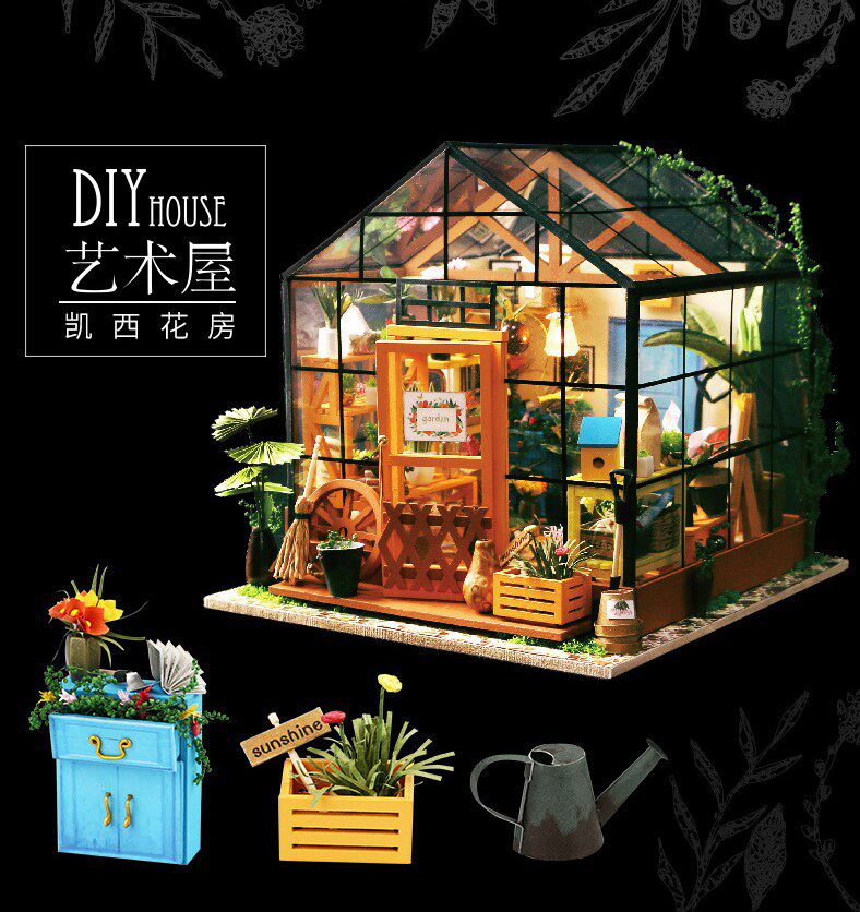 若态diy小屋3d立体拼图拼板创意拼装凯西花房木头玩具手工制作女