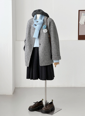 满减学院灰毛呢大衣女中长款杂色长毛蝴蝶结高级感小个子外套ZX15
