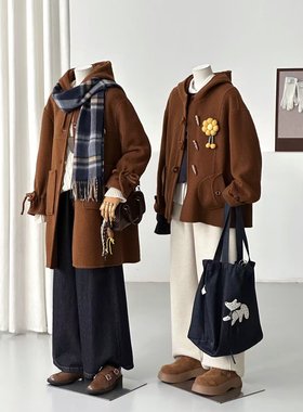 韩系学院风棕色毛呢外套女中长款连帽围巾减龄百搭大衣FS11/FS13