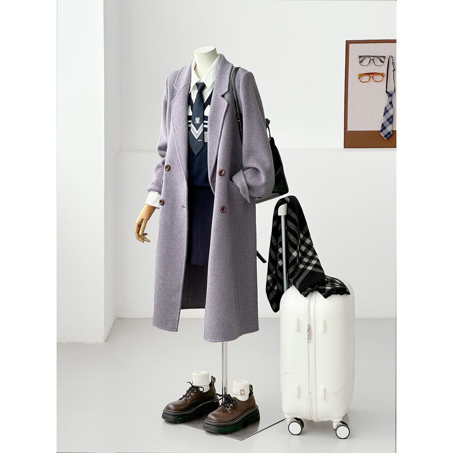 韩系紫色毛呢大衣女中长款绵羊毛双排扣西装领外套老钱风ZX18