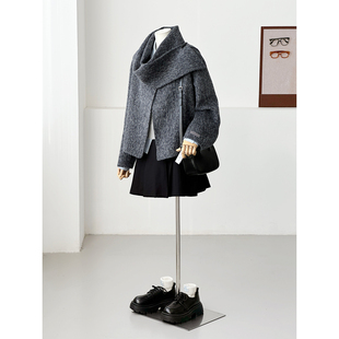 英伦风围巾式短款毛呢外套女灰色双面呢羊毛大衣高级感Y193