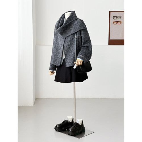 英伦风围巾式短款毛呢外套女灰色双面呢羊毛大衣高级感Y193