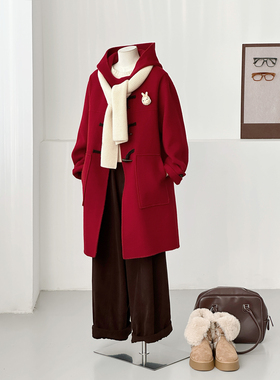 圣诞新年学院风连帽毛呢大衣女中长款本红色显瘦小个子外套YZ13