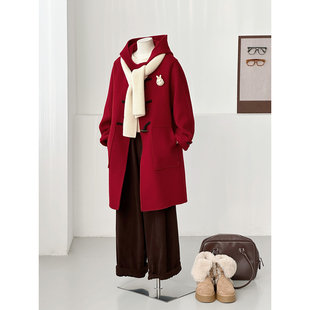 满减新年学院风连帽毛呢大衣女中长款本红色显瘦小个子外套YZ13