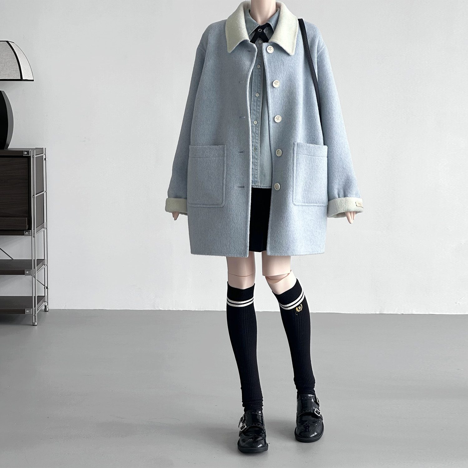 秋冬新显瘦小个子休闲糖果系清新减龄少女蓝色羊毛大衣外套HL122