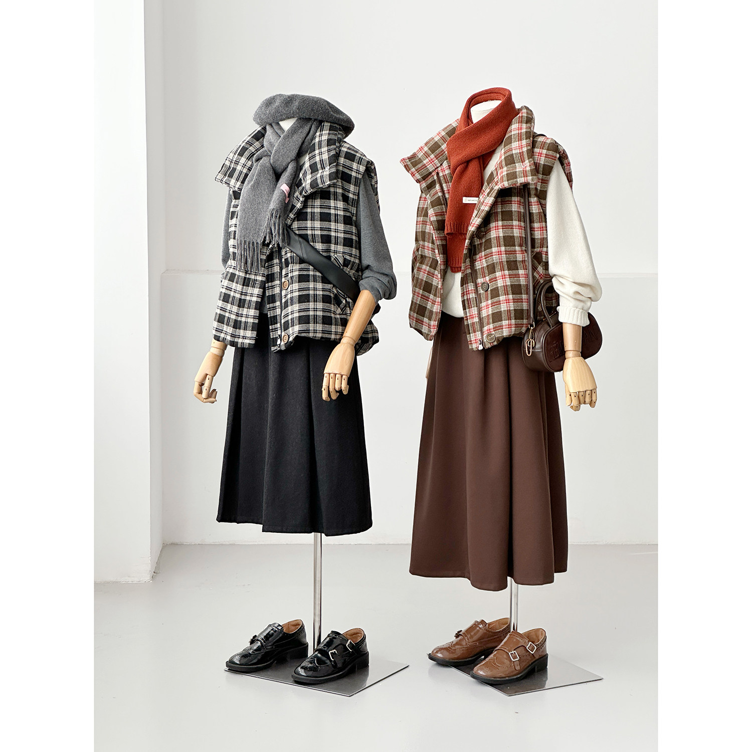 复古格纹立领马甲女百搭显瘦无袖背心羽绒马甲外套MJ046