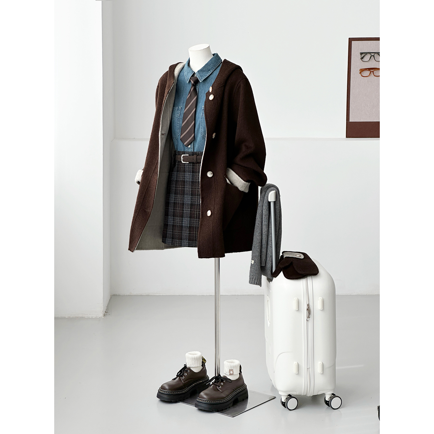 学院风连帽毛呢大衣女中长款棕色减龄小个子百搭外套FS08-1