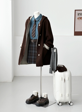 学院风连帽毛呢大衣女中长款棕色减龄小个子百搭外套FS08-1