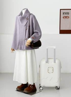 紫色温柔风围巾领双面呢大衣女中长款宽松气质毛呢外套HL149