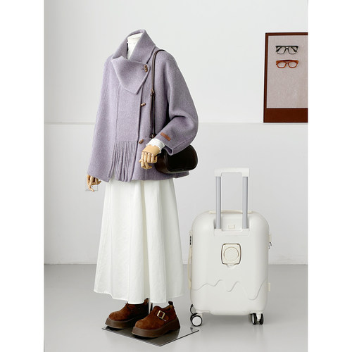 紫色温柔风围巾领双面呢大衣女中长款宽松气质毛呢外套HL149