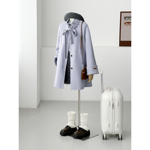 满减学院立领蝴蝶结紫色羊毛大衣女中长款减龄韩系毛呢外套HL151