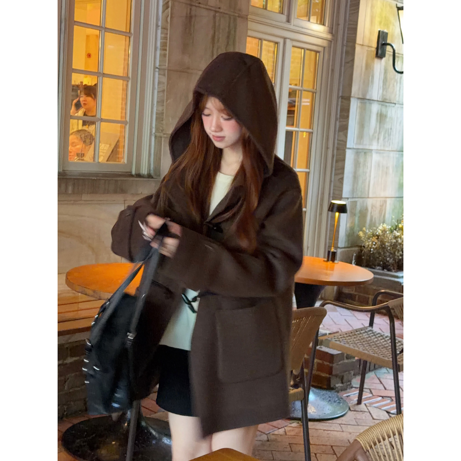 秋冬新连帽牛角扣双面羊毛大衣女中长羊绒小个子咖系毛呢外套HL62