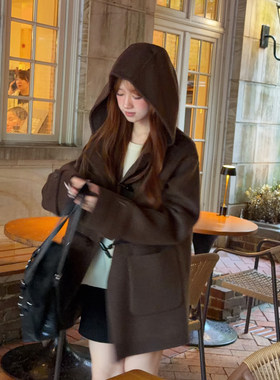 反季-连帽牛角扣双面羊毛大衣女中长羊绒小个子咖系毛呢外套HL62