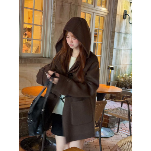 反季-连帽牛角扣双面羊毛大衣女中长羊绒小个子咖系毛呢外套HL62