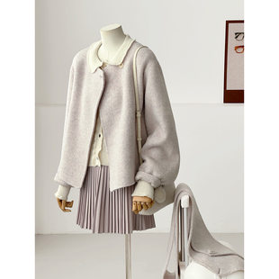 满减韩系温柔牛角扣带围巾羊毛呢大衣女中长款小个子毛呢外套Y193