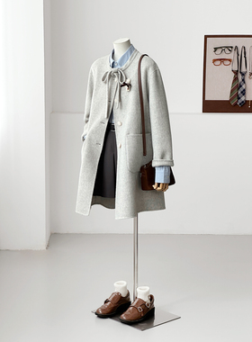 满减冬减龄韩系学院浅灰色蝴蝶结系带百搭手缝绵羊毛大衣外套FS16