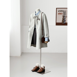 满减冬减龄韩系学院浅灰色蝴蝶结系带百搭手缝绵羊毛大衣外套FS16