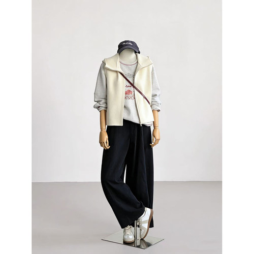 【雾软轮昀】复古工装风连帽拉链马甲女外搭叠穿马夹外套XL009