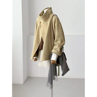 秋冬减龄韩系学院风人字纹复古百搭立领羊毛大衣外套HL157