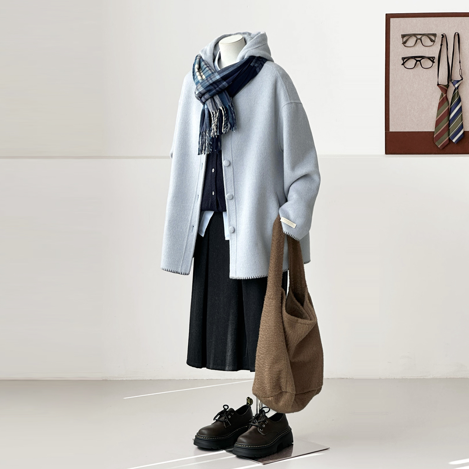 秋冬新显瘦休闲减龄学院风奶油蓝连帽通勤羊毛毛呢大衣外套FS05