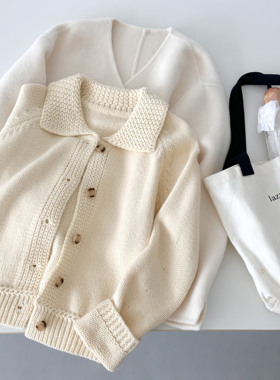 秋冬羊毛翻领针织开衫女宽松显瘦加厚毛衣外穿可内搭黄色系ZZ006