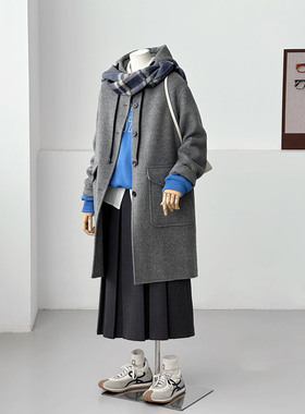 灰色连帽毛呢外套女中长款宽松通勤大衣高级感慵懒风HL111