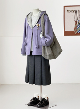 满减【紫藤花园】秋冬减龄韩系学院连帽郁金香羊毛大衣外套HL43-2