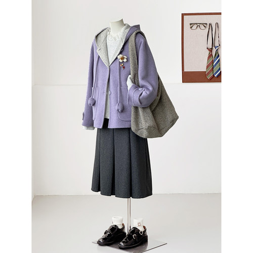满减【紫藤花园】秋冬减龄韩系学院连帽郁金香羊毛大衣外套HL43-2